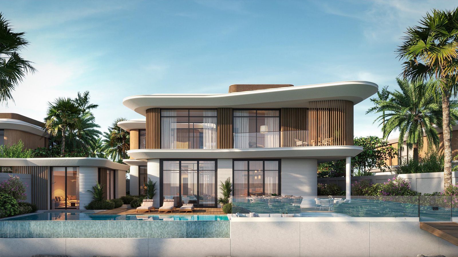 Panoramic waterfront views and modern luxury villas at Yas Riva in the heart of Yas Island Abu Dhabi