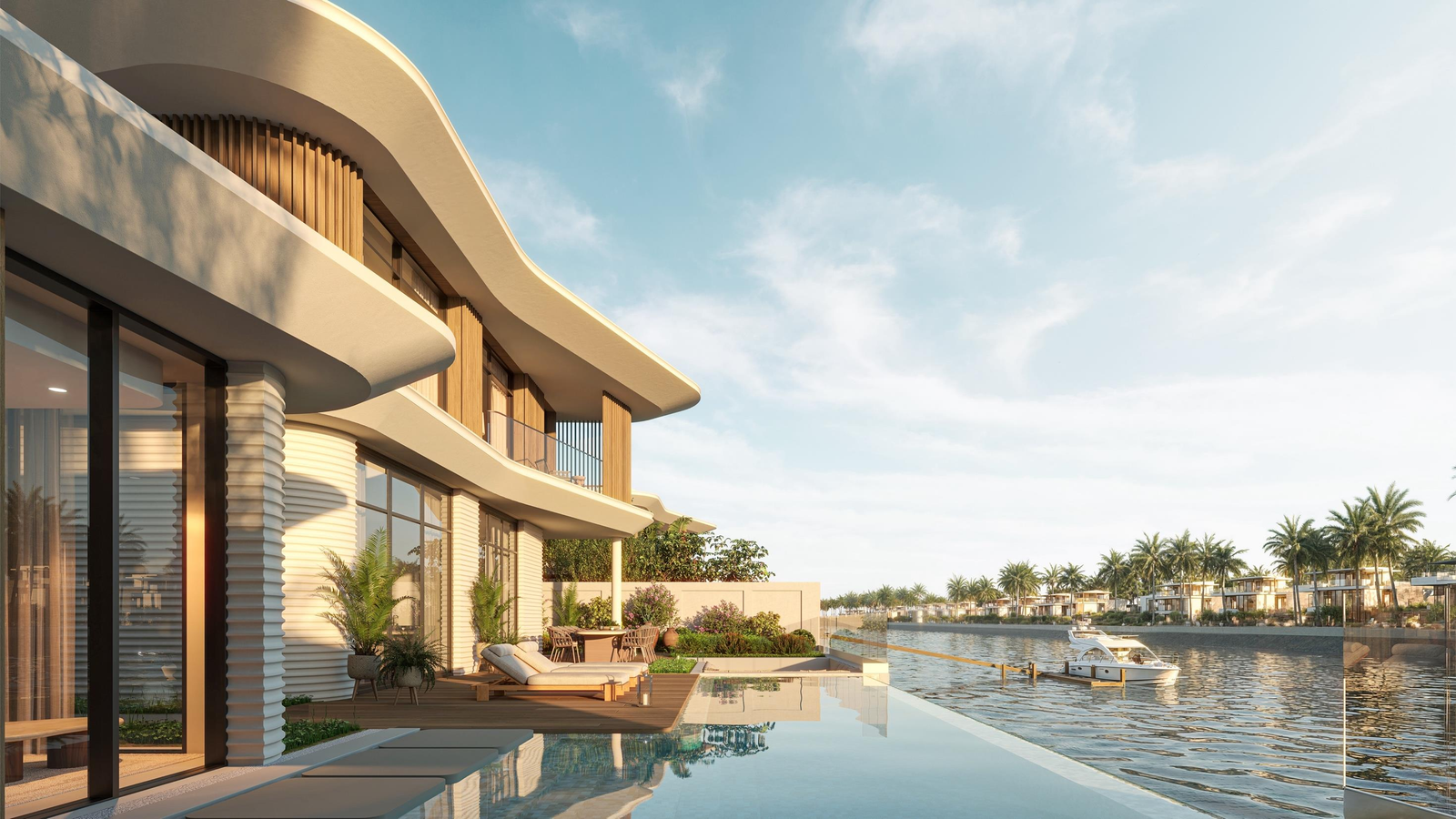 Elegant waterfront lifestyle at Yas Riva featuring premium villas, landscaped spaces, and private canal access